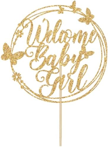 Welcome Baby Cake Topper, Baby Shower Cake Decorations - It's a Girl, Baby's 1st Birthday Party Decorations (Gold Glitter)
