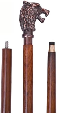 Handmade Vintage Walking Cane Wooden Walking Stick with Antique Wolf Head Brass Handle Gift for Men & Women