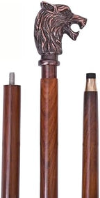 Handmade Vintage Walking Cane Wooden Walking Stick with Antique Wolf Head Handle Gift for Men & Women