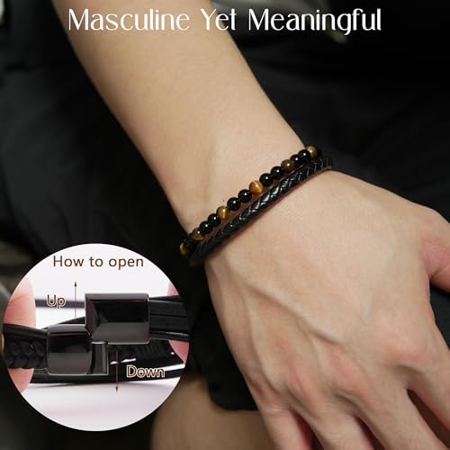 The Guardian - Son's Tiger Eye Protection Bracelet for Men, To My Son Bracelet from Mom Leather Black Beaded Bracelet, Handmade Cuff Inspirational Jewelry for Gift for Christmas Birthday