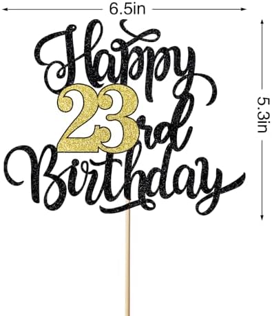 Happy 23rd Birthday Cake Topper, Black Gold Glitter Birthday Cake Topper, 23rd Anniversary/Twenty-three Birthday Party Cake Decoration Supplies