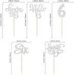 30Pcs 6th Birthday Cupcake Toppers Glitter Six Hello 6 Cupcake Picks Cheers to 6 Years Old Cake Decorations for 6th Birthday Party Supplies Silver