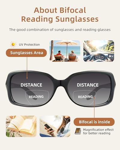 JM Classic Bifocal Reading Glasses Rectangular Stylish Sunglasses Readers for Women All Black +2.5