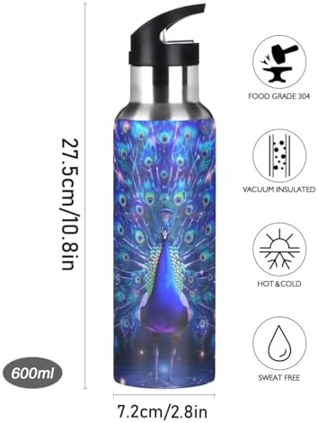 Peacock Spreads Tail Galaxy Water Bottle Leakproof Insulated Stainless Steel Hot Cold Water Flask with Straw Lid for Sports Travel 20 oz