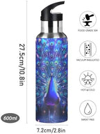 Peacock Spreads Tail Galaxy Water Bottle Leakproof Insulated Stainless Steel Hot Cold Water Flask with Straw Lid for Sports Travel 20 oz