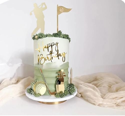 Happy Birthday Cake Topper Set with Golf Theme, Golf Player Cake Decorations, gold Cake Topper Birthday Decorations for Golfers with Golf Ball for Men Sport Golf Theme Party Supply (Acrylic)6 Pieces