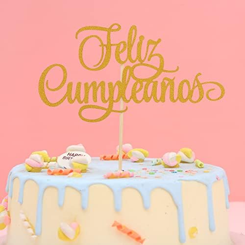 Spanish Feliz Cumpleaños Cake Topper - Gold Glitter Happy Birthday Cake Topper, Single-side Gold Glitter Feliz Cumpleaños Decorations, Fiesta Theme Party Decoration Supplies (GOLD)