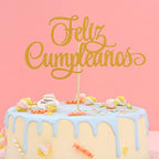 Spanish Feliz Cumpleaños Cake Topper - Gold Glitter Happy Birthday Cake Topper, Single-side Gold Glitter Feliz Cumpleaños Decorations, Fiesta Theme Party Decoration Supplies (GOLD)