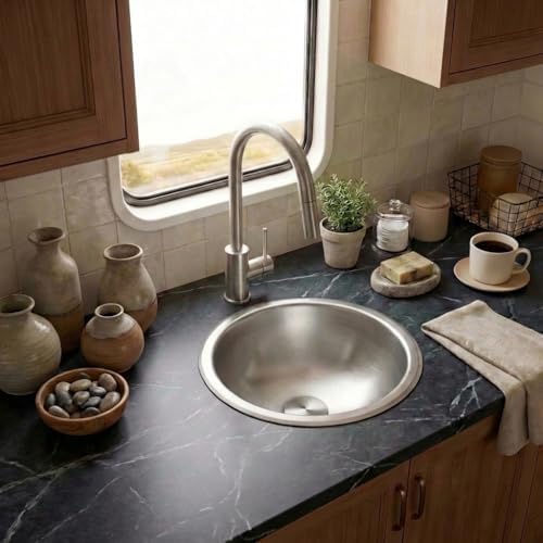 LQS Stainless Steel Round RV Sink, 13" x 13" Small RV Kitchen Sink, Stainless Steel Drop In Bar Sink, 5.31" Depth, RV Bathroom Sink with Sink Drain Assembly