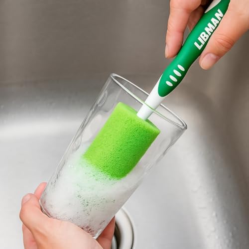 LIBMAN Sponge Bottle Brush - 3 Pk Glass & Dish Sponge with Handle - Bottle Cleaner for Cleaning Glasses, Cups, Dishes, pots