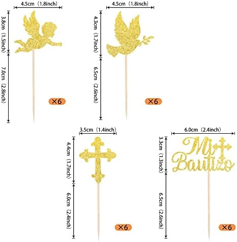 24 Pack Spanish Mi Bautizo Cupcake Toppers with Glitter Cross Angel Dove Baptism Cupcake Picks Decorations for Religious God Bless Theme Baby Shower Kids Birthday Christmas Party Supplies Gold