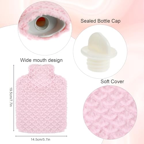 Hot Water Bottle, 500ml Small Hot Water Bottle with Cover Mermaid Style Hand Warmer with Soft Premium Faux Fur Cover 2-in-1 Bottles for Cold & Hots Compress Bag for Women Seniors (Pink)