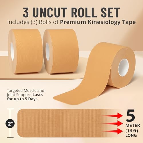 Kinesiology Tape Rolls - Pack of 3 (2 Inch x 16 Ft / 5cm x 5m) - Latex-Free, Breathable Cotton - Strong Adhesive for Muscle & Joint Support - Water-Resistant & Sweatproof for Sports & Recovery, Beige