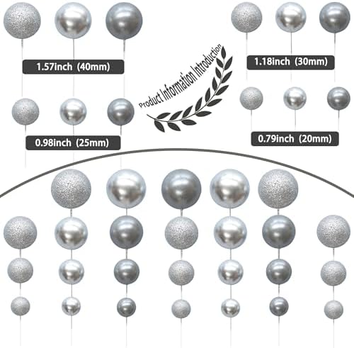 Ephlyn 30Pcs Ball Cake Picks Colorful Ball Shaped Cake Topper Pearl Balls Cupcake Cake Insert Topper for Birthday Party Decoration Supplies Pearl Silver Glitter Silver