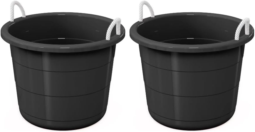 2 Pack 17 Gallon Flexible Plastic Storage Tub, Heavy Duty Collapsible Utility Basket with Reinforced Rope Handles, Multipurpose Container for Laundry, Garage, Garden, Camping, Cooling, Black