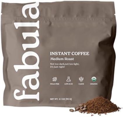 Fabula Organic Instant Coffee, Low Acid, Mold Free - Medium Roast, 90g, Convenient & Delicious