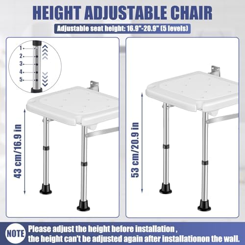 Wall Mounted Folding Shower Seat - Height-Adjustable Bathroom Safety Stool, 400lbs Heavy Duty Support, Foldable Shower Bench for Elderly, Adults, Pregnant Women & Disabled Users