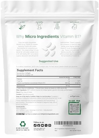 Micro Ingredients Vitamin B1 Thiamine 500mg with Benfotiamine & MCT Oil, 240 Softgels | Highly Bioavailable Thiamine Supplement for Energy & Nervous System Support* | Non-GMO, Soy Free