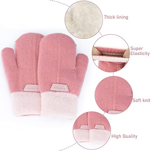 INOGIH Kids Double Layer Warm Knit Mittens Girls Boys Winter Outdoor Gloves for 3-7 Years