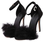 MMJULY Women's Open Toe Ankle Strap Fluffy Feather Stiletto High Heel Dress Sandal