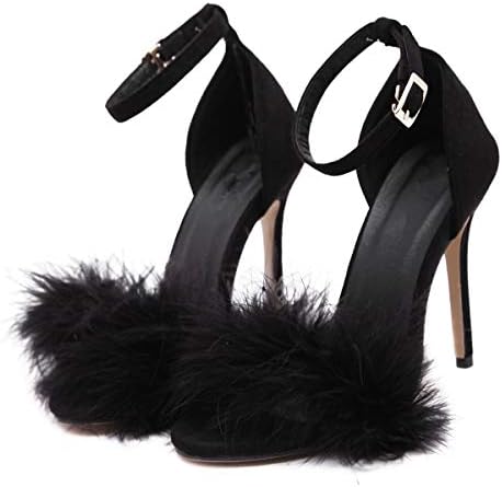 MMJULY Women's Open Toe Ankle Strap Fluffy Feather Stiletto High Heel Dress Sandal