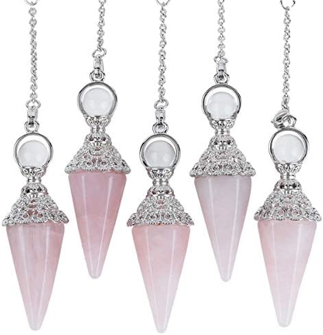 Rockcloud Natural Rose Quartz Crystal Pointed Pendulum with 7 Chakra Stone Beads Chain, 6 Facet Reiki Chakra Pendant for Divination Dowsing