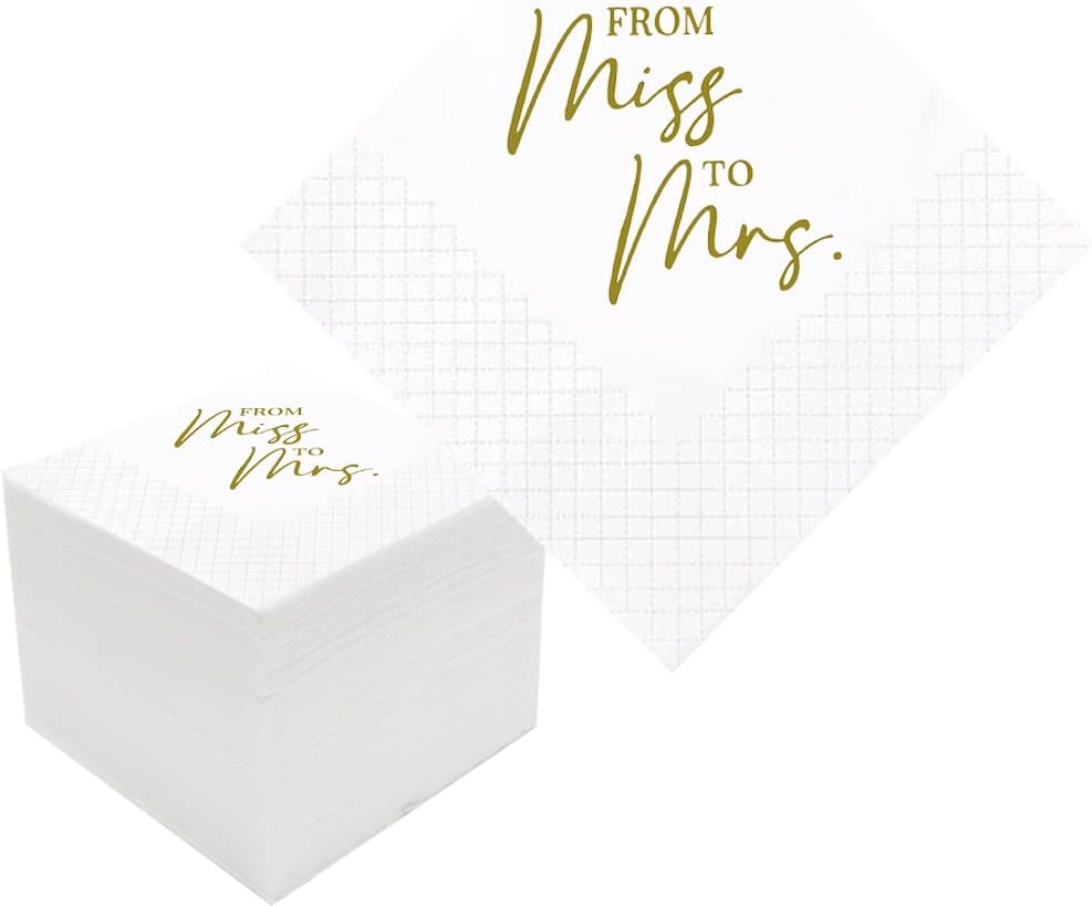 Bridal Shower Cocktail Napkins, 100 Pack Gold From Miss To Mrs Disposable Paper Napkins for Bridal Shower Engagement Wedding Bachelorette Table Decorations| 2-Ply, 5x5 Inches (From Miss To Mrs)