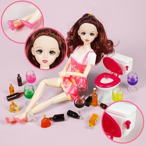 Mini Wine Bottles Cake Toppers With 12 Mini Wine Bottles 5 Mini Wine Glasses 1 Toilet 1 Beauty Doll for Celebrating Birthday Party (Brown)