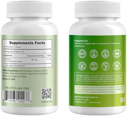Heivy Potassium Citrate 99mg, 240 Capsules - Vegan, Allergen-Free Potassium Supplements for Electrolyte Balance, Lab-Tested Mineral Supplement, Made in USA