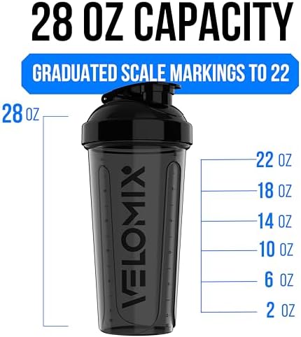 VELOMIX -2 Pack- 28 oz Protein Shaker Bottles for Protein Mixes - 2x Wire Whisk | Leak Proof Shaker Cups for Protein Shakes | Protein Shaker Bottle Pack (Black/Transparent)