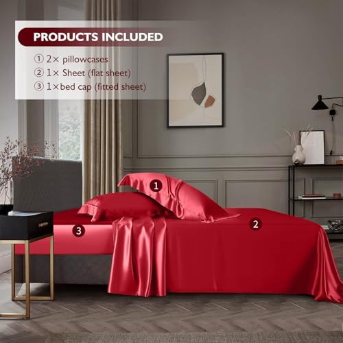 DISANGNI 22 Momme 100% Mulberry Silk Bedding Set - 4-Piece Luxury (2 Pillowcases, 1 Fitted Sheet, 1 Flat Sheet) - 6A Grade Natural Silk (Red, Queen)