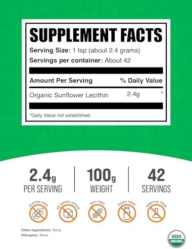 BulkSupplements.com Organic Sunflower Lecithin Powder - Sunflower Lecithin Supplement, Nutritional Supplement, Food Grade - Vegan & Gluten Free, 2.4g per Serving, 100g (3.5 oz) (Pack of 1)