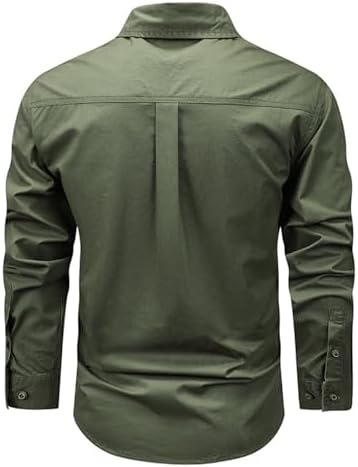 Mens Cargo Long Sleeve Shirts Casual Multi Pockets T Shirts Outdoor Loose Tooling Tops Cotton Lapel Button Down Shirts