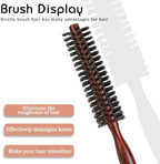 Small Boar Bristle Round Brush for Blow Drying, Styling - Wooden Handle, Soft Natural Bristles for Short/Thin Hair, Women and Men's Beard