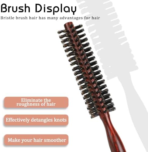 Small Boar Bristle Round Brush for Blow Drying, Styling - Wooden Handle, Soft Natural Bristles for Short/Thin Hair, Women and Men's Beard