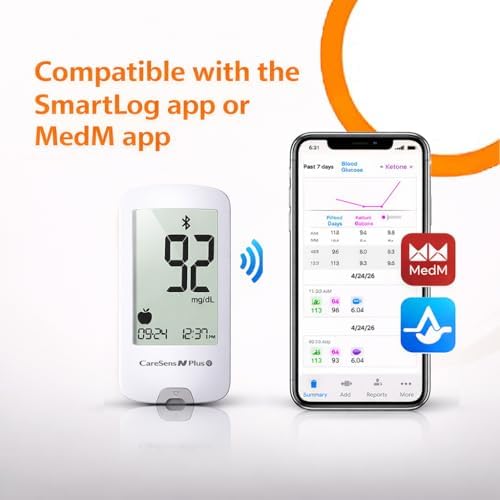 CareSens N Plus Bluetooth Blood Glucose Monitor Kit with 100 Blood Sugar Test Strips, 100 Lancets, 1 Blood Glucose Meter, 1 Lancing Device, Travel Case for Diabetes Testing Kit (Auto-Coding Glucometer kit with 1 Control Solution) for Personal Use