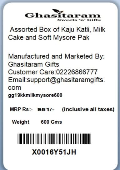 Ghasitaram Gifts Rakhi Gifts for Brothers Rakhi Sweets - Assorted Box of Kaju Katli, Milk Cake and Soft Mysore Pak with Pearl Beads Rakhi