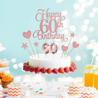 60th Birthday Cake Toppers, 60th Birthday Candles Numeral Candles and Glitter Cake Decorations Toppers Set for Party Supplies (Rose Gold)