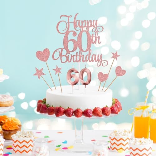 60th Birthday Cake Toppers, 60th Birthday Candles Numeral Candles and Glitter Cake Decorations Toppers Set for Party Supplies (Rose Gold)