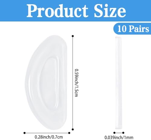 Eyeglass Nose Pads, Anti-Slip Silicone Nose Pads for Glasses, Non Slip Soft Adhesive Sunglass Replacement Sticky Nosepads Cushion for Plastic Frames Eyeglasses Glasses Sunglasses 1 mm (10 Pairs Clear)