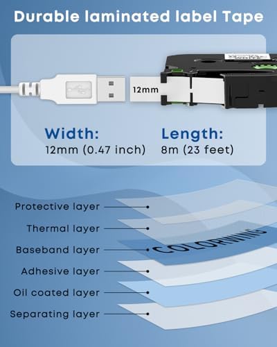 COLORWING TZe-231 Replace for Brother P-Touch Label Tape TZ Tape 12mm 0.47 Laminated White 1/2 inch TZe231 Label Maker Tape for Brother Ptouch PT-D210 D220 H110 D410 D610 1280 Cube Refills, 5-Pack