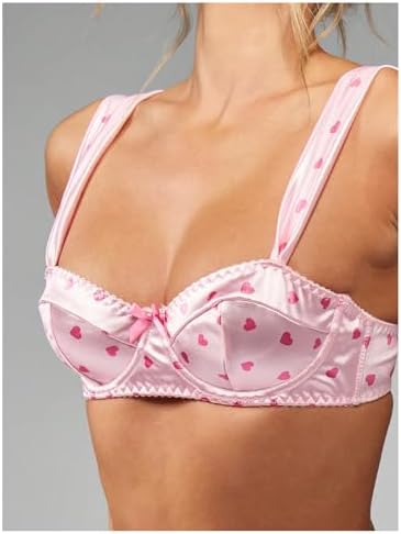 MakeMeChic Women's 2 Piece Sexy Lingerie Sets Satin Heart Print Bow Underwire Bra and Thongs Set