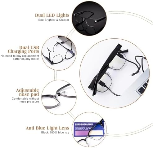 SKYWAY Reading Glasses with Light Metal Frame Magnifier Reading Glasses rechargeable Bright Led Readers Glasses for Men Women