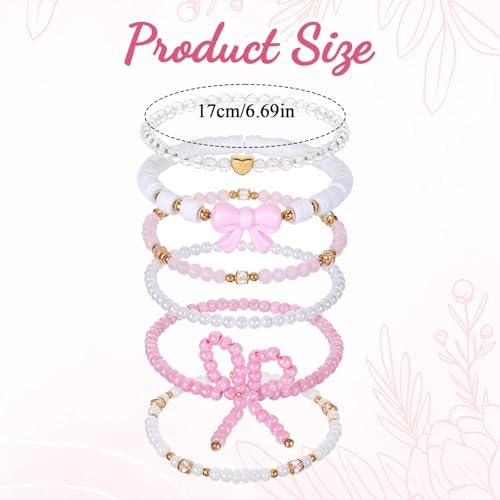 Larrel Pink Bow Bracelet Set for Women, 6 Pcs Stackable Beaded Stretch Bracelets with Bow Charm, Aesthetic Pink Jewelry Gift for Women Girls for Birthday Christmas Valentine's Day