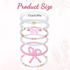 Larrel Pink Bow Bracelet Set for Women, 6 Pcs Stackable Beaded Stretch Bracelets with Bow Charm, Aesthetic Pink Jewelry Gift for Women Girls for Birthday Christmas Valentine's Day