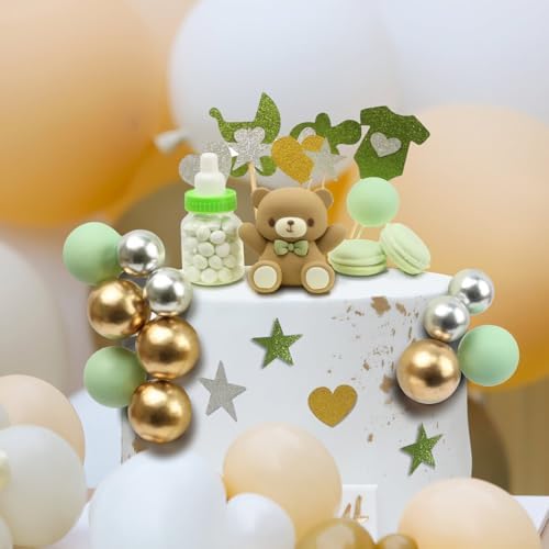 Bear Cake Topper, Birthday Cake Toppers Mini 3D Bear 48 PCS Cupcake Decorations Party Supplies Boho Mini Gender Reveal(Green)