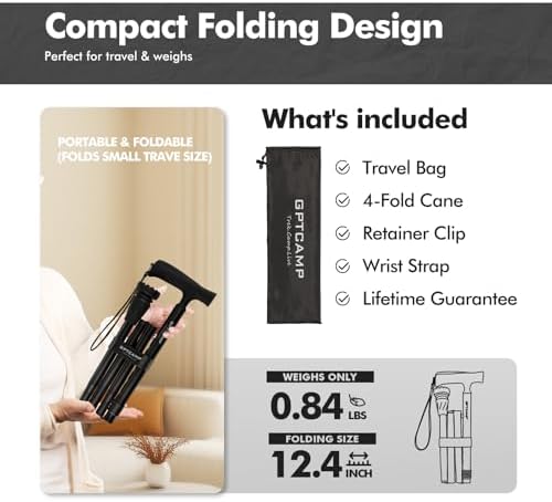 GPTCAMP G2 Walking Stick, Fold-up Walking Cane for Women and Men with Wrist Strap, Portable, Foldable, Collapsible, Lightweight and Sturdy with Comfortable T Handle