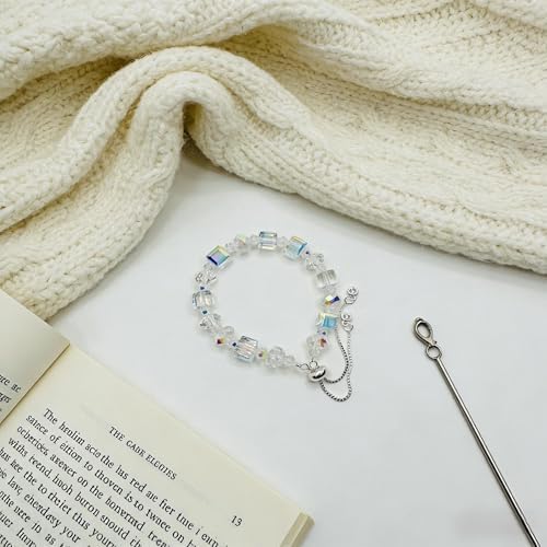 New Designed Iridescent Crystal Beaded Bracelet with Dangling Charms And Women's Gifts.The Sugar Austrian Crstal Bracelet is a Delicate Gorgeous Bracelet for Lady With Adjustable Elasticity (8mm Square White AB)