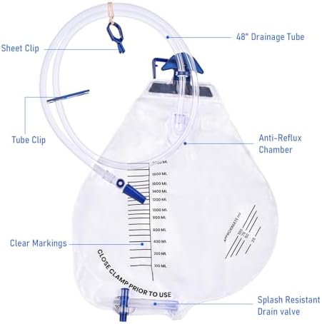 3 Pack 2000ml Sterile Urinary Drainage Bags with Anti-Reflux Chamber, Urine Bag with 48" Drainage Tube for Men and Women, Overnight Bedside Disposable