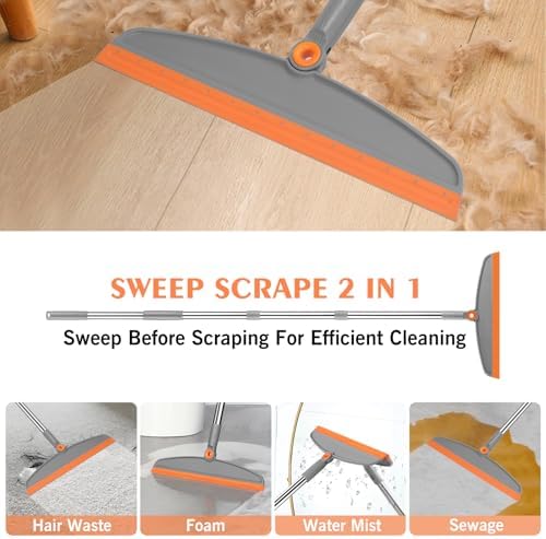 Multifunction Silicone Broom, 54 Inch Long Handle Silicone Floor Squeegee Broom, Sweep and Scrape 2 in 1 Household Cleaning Rubber Broom for Floor, Bathrooms, Kitchens, Showers, Tile, Pet Hair, Glass
